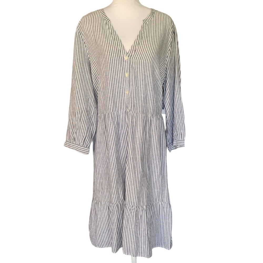 Old Navy NWT Linen Cotton Black Ticking Stripe Shirtdress Coastal Chic Sz L